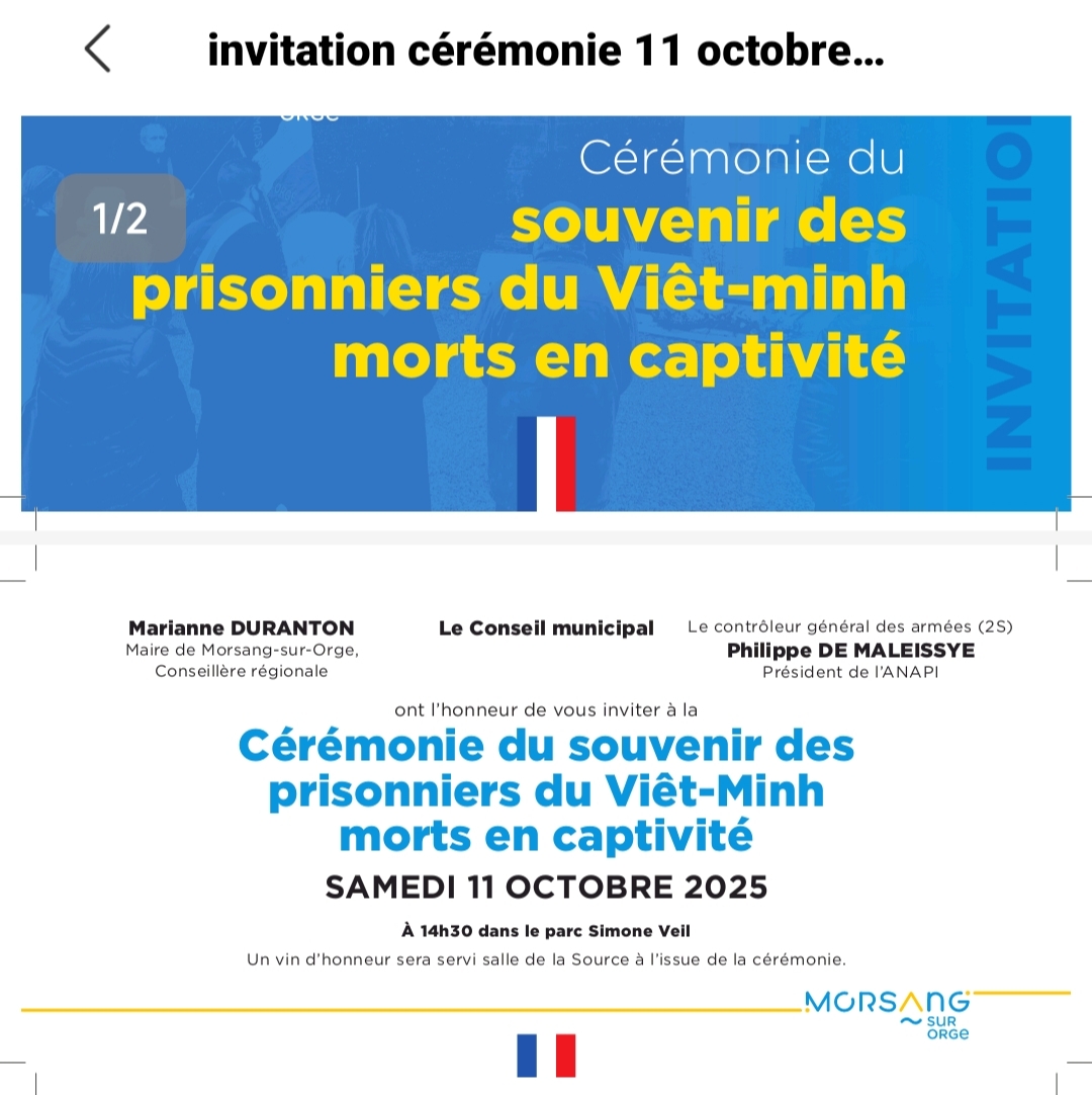 Cérémonie du souvenir des prisonniers du Viêt-Minh morts en captivité, samedi 11 octobre 2025 à 14h30 à Morsang-sur-Orge (91)