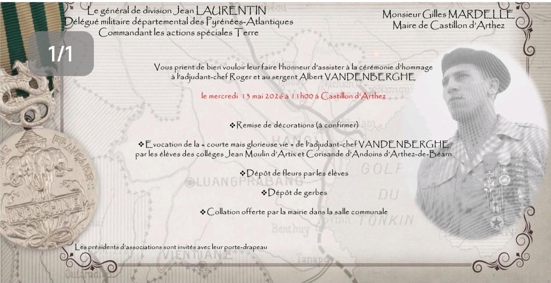 Mercredi 13  mai : cérémonie d’hommage à l’Adc Roger et au sergent Albert VANDENBERGHE à Castillon d’Arthez (64379).