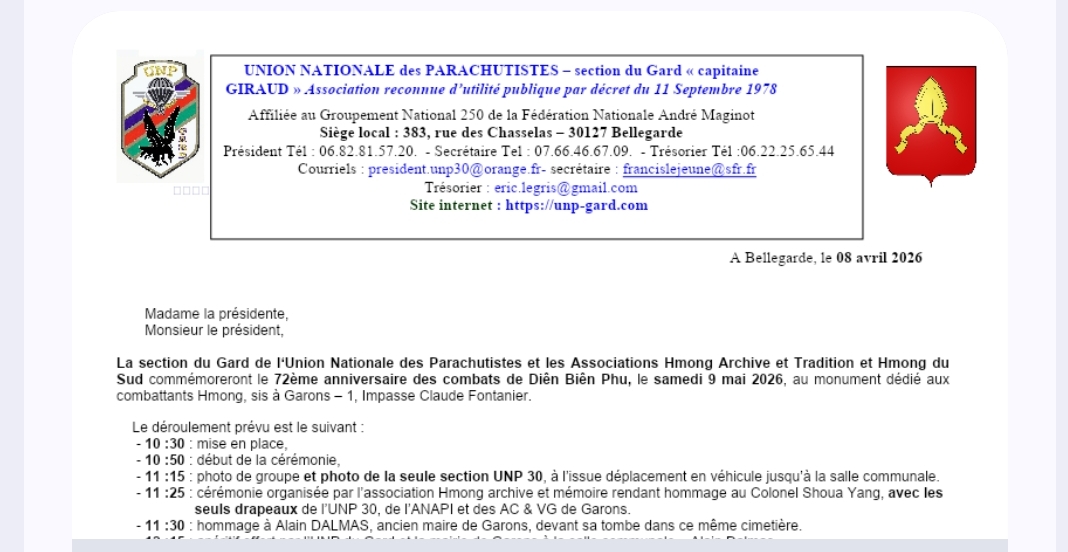 Samedi 9 mai : commémoration du 72ème anniversaire des combats de DBP à Garons (30128)