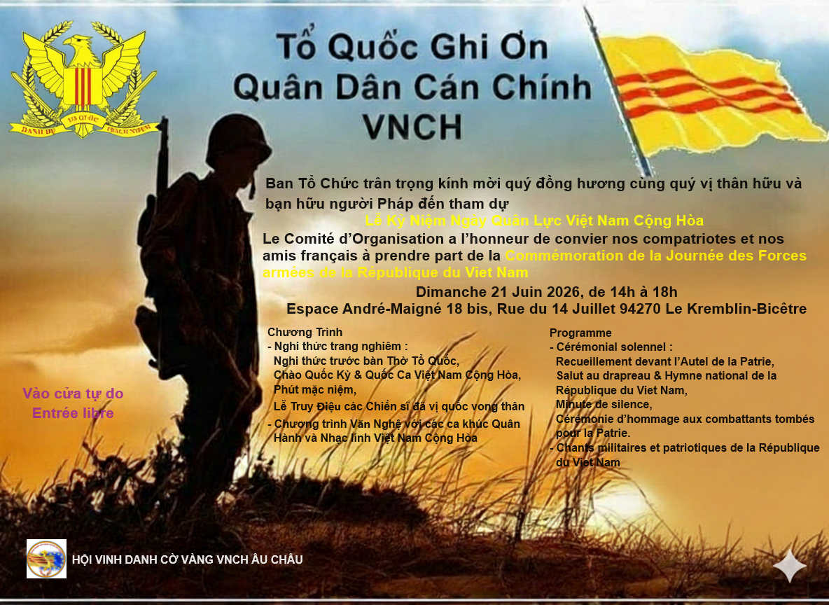 INVITATION : Cérémonie commémorative de la journée des forces Armées de la République du VIETNAM du 21 JUIN 2026