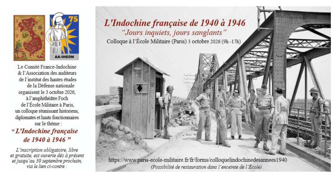 COLLOQUE à l’Ecole Militaire le 3/10/2026 : L’Indochine française de 1940 à 1946