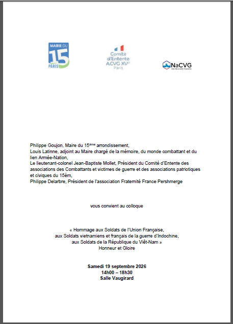 COLLOQUE le 19/09/2026 “Hommage aux soldats de l’Union Française, aux soldats vietnamiens et français de la guerre d’Indochine